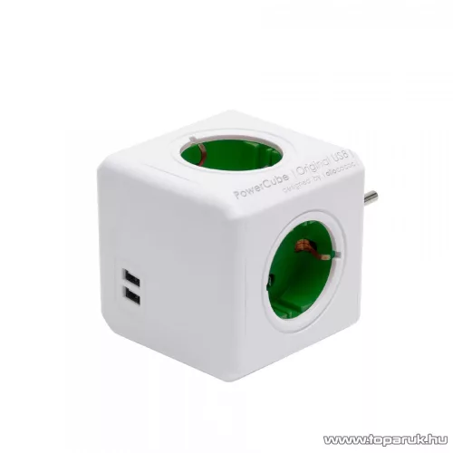 Allocacoc PowerCube Original USB 1202GN/DEOUPC elosztó, 4 aljzat, 2 USB csatlakozóval, fehér - zöld