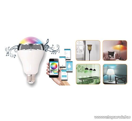 SAL BL 05 Multifunkciós LED fényforrás (zenélő okoségő), diszkólámpa funkcióval, 7 in 1, fehér + 7 szín, E27, 6W fényforrás, 3W hangszóró teljesítmény