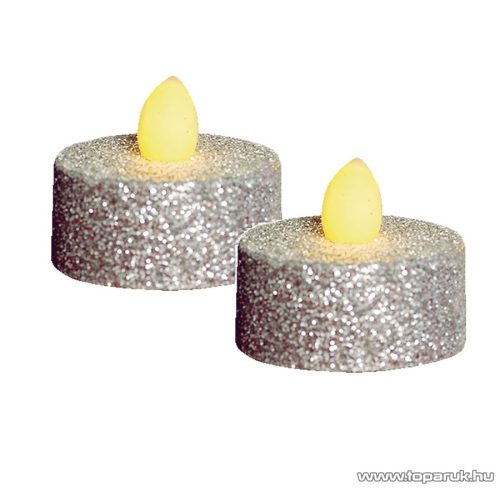 HOME CD 2/SX Beltéri elemes LED teamécses szett (2 db), 1 db sárga színű LED, pislákoló fényjáték funkcióval, ezüst színű glitter mécsesek