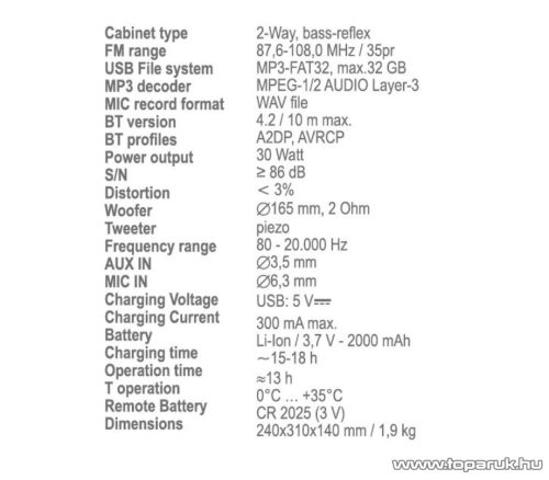 SAL PAR 16BT Hordozható party hangdoboz, beépített akkumulátorral és LED fénnyel