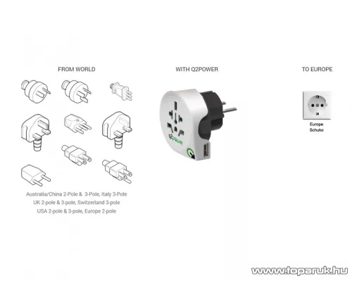 q2power 1.100110 Utazó adapter, World to Europe USB csatlakozóval