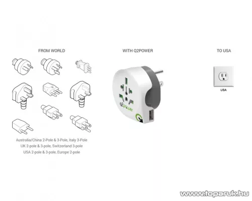 q2power 1.100150 Utazó adapter, World to USA USB csatlakozóval