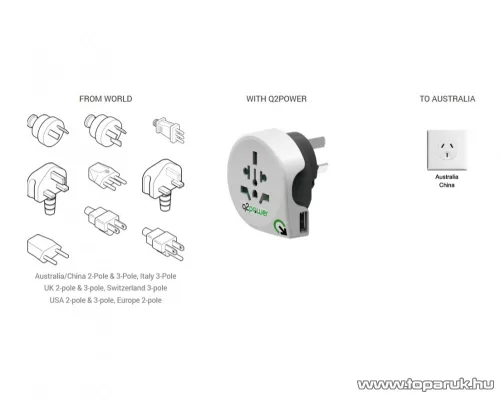 q2power 1.100170 Utazó adapter, World to Australia USB csatlakozóval