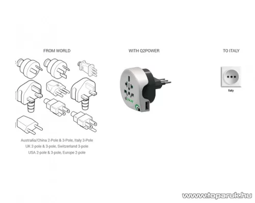 q2power 1.100190 Utazó adapter, World to Italy USB csatlakozóval