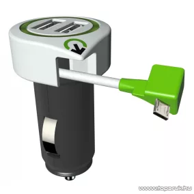   q2power 3.100110 Autós USB töltő, 2 db USB aljzattal + 1 db kihúzható Micro USB töltőkábel