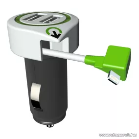   q2power 3.100120 Autós USB töltő, 2 db USB aljzattal + 1 db kihúzható Apple iPhone Lightning töltőkábel
