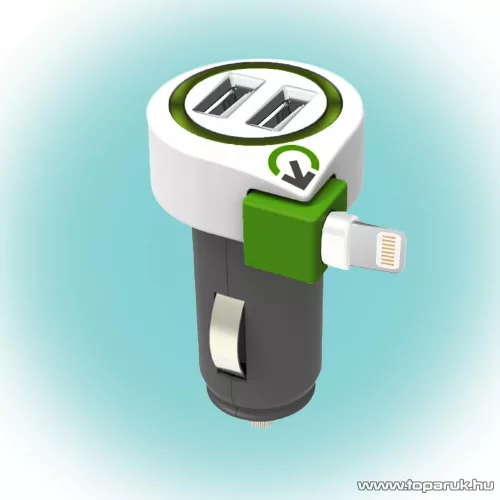 q2power 3.100120 Autós USB töltő, 2 db USB aljzattal + 1 db kihúzható Apple iPhone Lightning töltőkábel