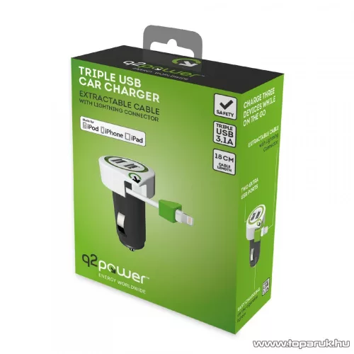 q2power 3.100120 Autós USB töltő, 2 db USB aljzattal + 1 db kihúzható Apple iPhone Lightning töltőkábel