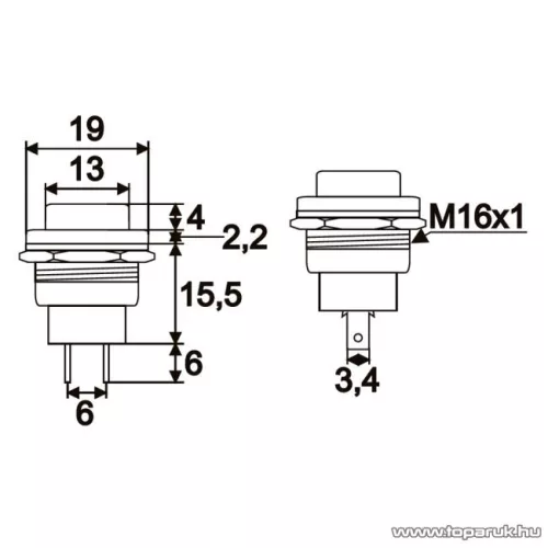 Nyomógomb, 1 áramkör, 2A-250V, ON-(OFF), fekete, 5 db / csomag (09066FK)