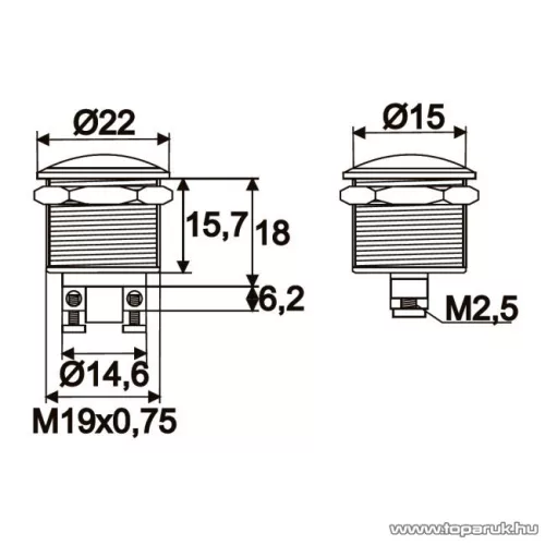 Nyomógomb, 1 áramkör, 2A-250V, OFF-(ON), fém, 2 db / csomag (09069)