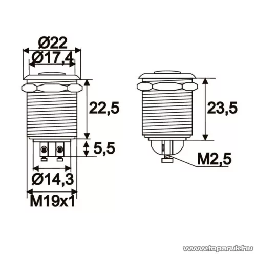 Nyomógomb, 1 áramkör, 2A-250V, OFF-(ON), fém, cseppálló (09078)