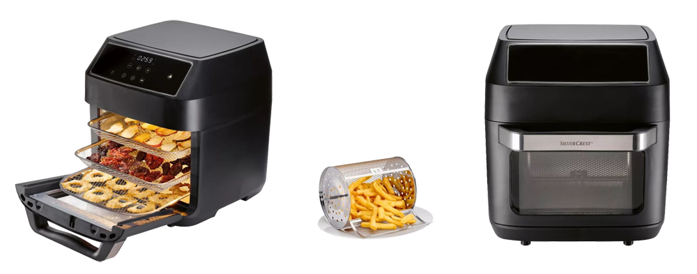 SilverCrest SHF 1800 C1 forrólevegős sütő konyhapulton, rotisserie grillcsirkével a belsejében és forgókosaras sült krumplival mellette.