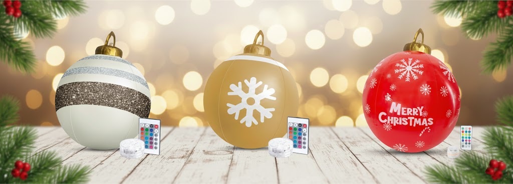 RGB LED-es kültéri felfújható karácsonyi gömbök távirányítóval – fehér-arany, arany hópelyhes és piros Merry Christmas ünnepi dekoráció