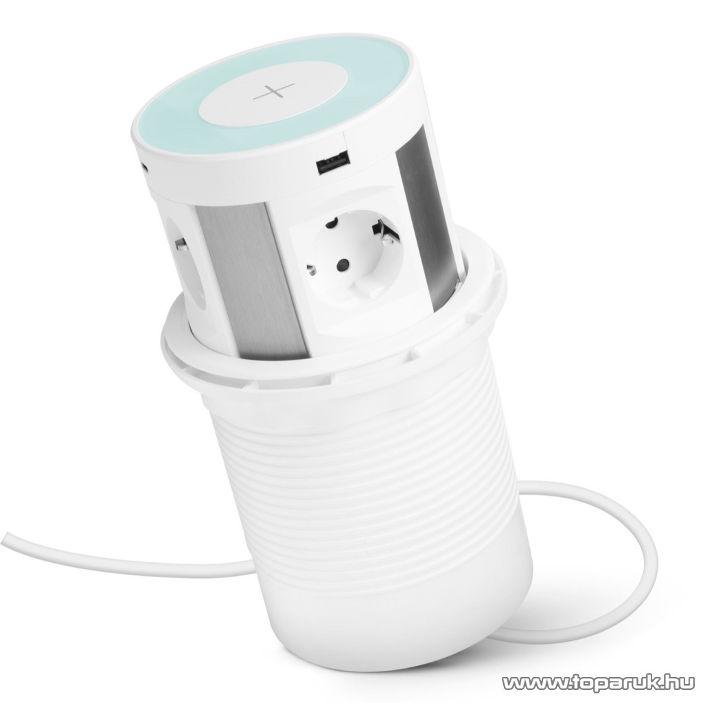 Image of delight Beépíthető rejtett elosztó 4-es, vezeték nélküli töltés, 2 x USB, 2 x Type-C, 1,5 m vezetékkel, fehér (20434WH)
