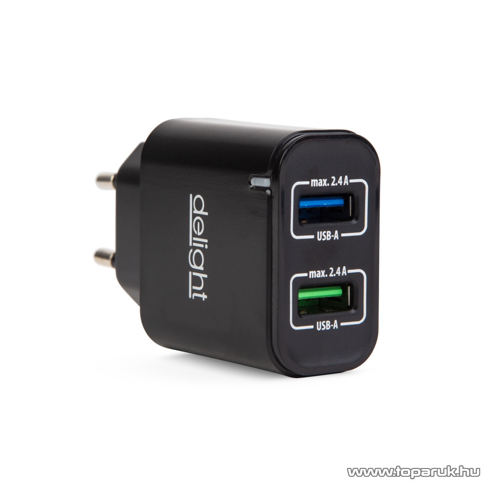 Image of delight USB Hálózati adapter, töltő, 2 db 2.4 A USB aljzattal, fekete (55045-2BK NC24)