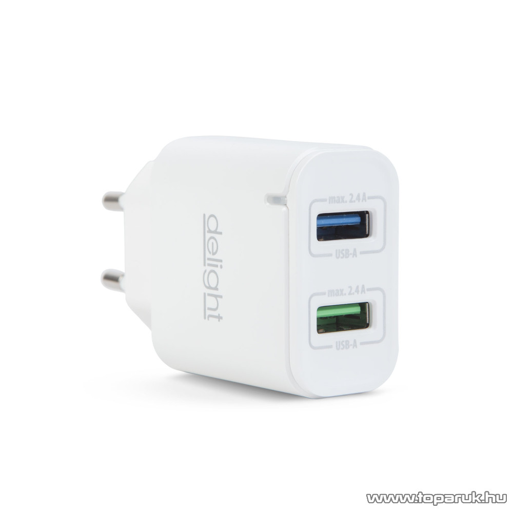 Image of delight USB Hálózati adapter, töltő, 2 db 2.4A USB aljzattal, fehér (55045-2WH NC24)